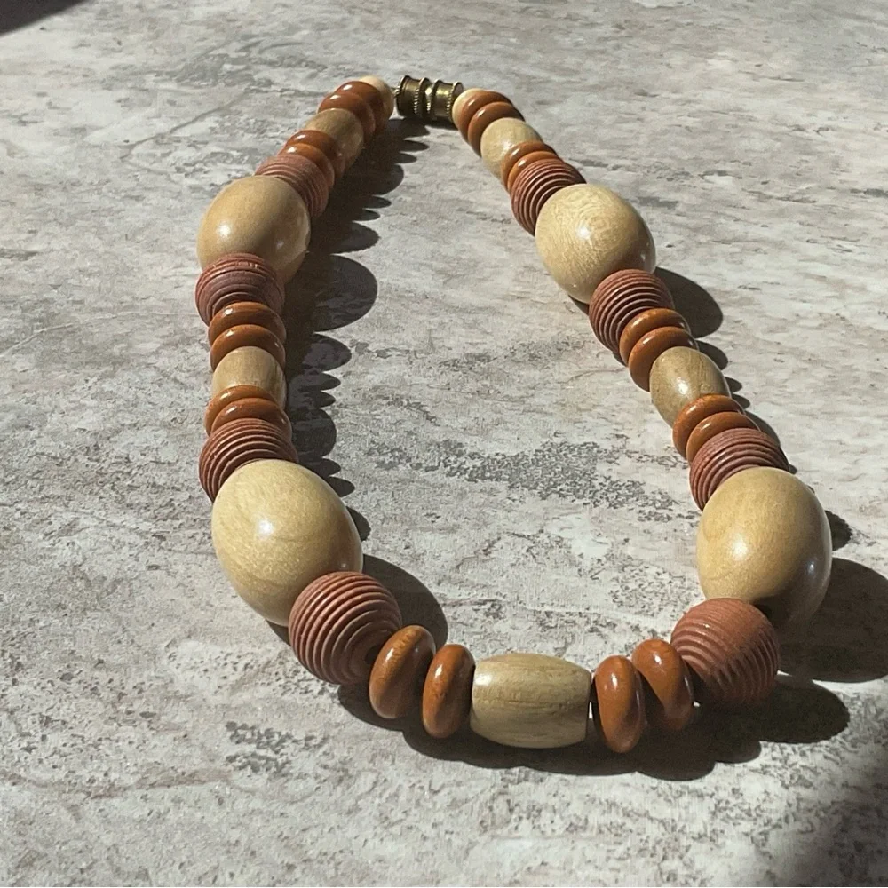 Wood bead necklace Various size shapes color screw closure 15” long